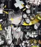  1girl animal_hair_ornament black_bow black_hair black_mask blush bound bound_wrists bow curled_fingers glasses grey_eyes hair_ornament hairpin highres jacket looking_at_viewer mask monochrome mouth_mask original own_hands_together parted_lips sign solo tape tekito_midori warning_sign white_bow wrapped yellow_eyes yellow_theme 