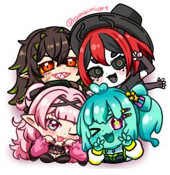 4girls amaimi antennae arthropod_girl beastiez beri_(beribug) black_dress black_hair black_sclera black_shirt black_tongue brown_hair chibi colored_sclera colored_skin colored_tongue commentary crocodile_girl dress english_commentary extra_arms fang fangs fingerless_gloves gat_(hat) gloves green_eyes green_pupils green_streaks green_tongue grey_skin hair_between_eyes hat jacket jeogori_(clothes) kairyu_crocodile ladybug_girl long_hair looking_at_viewer monster_girl multicolored_eyes multicolored_hair multiple_girls open_mouth piapi_ufo pink_eyes pink_hair pointy_ears red_eyes red_hair shirt skin_fang slime_girl slime_hair star-shaped_pupils star_(symbol) streaked_hair symbol-shaped_pupils tori_oriane violet_eyes virtual_youtuber yellow_sclera 