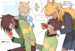  !? 1girl 1other antlers black_shirt black_skirt blonde_hair brown_hair checkered_clothes checkered_vest collared_shirt colored_eyelashes commentary deer_antlers deer_girl deltarune english_text furry furry_female green_eyes green_sweater heart highres holding holding_heart horns korean_commentary korean_text kris_(deltarune) noelle_holiday red_eyes red_soul_(utdr) savepoint010 shirt short_hair skirt soul_(utdr) sweater utdr_(toby_fox) vest 