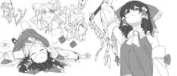  1girl arm_up ascot between_fingers bow closed_eyes closed_mouth commentary_request defeat detached_sleeves frilled_bow frilled_hair_tubes frills gohei greyscale hair_bow hair_tubes hakurei_reimu highres holding holding_gohei holding_ofuda long_hair lying mero_(starfish_jcs) monochrome multiple_views ofuda ofuda_between_fingers on_back open_mouth outstretched_arms power_item_(touhou) ribbon-trimmed_sleeves ribbon_trim skirt spoken_squiggle spread_arms squiggle sweatdrop touhou 