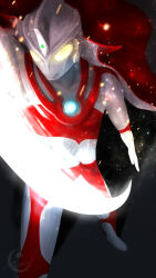  1boy alien arm_out_of_frame arm_up artist_logo cape color_timer colored_skin commentary compound_eyes dark_background dorsal_fin energy floating_cape foot_out_of_frame forehead_jewel from_above gem giant giant_male glowing glowing_eyes green_gem highres legs_apart light_particles logo looking_ahead male_focus mizunotsuki multicolored_skin no_pupils pectorals red_cape red_skin shadow silver_skin solo tokusatsu toned toned_male two-tone_skin ultra_series ultraman_ace ultraman_ace_(series) yellow_eyes 