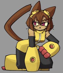  1girl animal_nose black_pants body_fur breasts brown_fur brown_hair cat_girl cat_tail commentary full_body furry furry_female gameoverse gauntlets goggles goggles_on_head grey_background highres kit_bodega leg_warmers medium_breasts pants pink_eyes shirt short_hair simple_background sleeveless sleeveless_shirt solo tail terasautumn turtleneck turtleneck_shirt v-shaped_eyebrows yellow_gauntlets yellow_leg_warmers yellow_shirt 