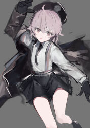  1girl absurdres ahoge beret black_gloves black_hat black_necktie black_skirt black_socks blush brown_jacket cheyanne_(girls'_frontline_2) collared_shirt foot_out_of_frame girls'_frontline_2:_exilium girls_frontline gloves grey_background grey_eyes grey_hair hair_between_eyes hand_up hat highres irikawa jacket jacket_partially_removed long_hair long_sleeves looking_to_the_side low_ponytail m200_(girls'_frontline) necktie open_mouth ponytail shirt sidelocks skirt socks solo suspenders thighs white_shirt 