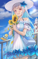  1girl absurdres against_railing aqua_hair bag bare_arms bare_shoulders bird blue_bag blue_dress blue_flower blue_ribbon blue_sky blunt_bangs clouds collarbone colored_inner_hair commentary_request cowboy_shot cross-laced_clothes cross-laced_sleeves day detached_sleeves dot_nose dress dress_flower flower frilled_sleeves frills grey_hair hair_flower hair_ornament happy hat highres holding holding_flower layered_dress light_blush lighthouse lize_helesta lize_helesta_(summer_casual) long_hair looking_at_viewer monocle multicolored_hair nijisanji open_mouth outdoors pink_eyes pleated_dress poe_(528yuzunon) puffy_short_sleeves puffy_sleeves railing ribbon sebastian_piyodore short_dress short_sleeves shoulder_bag sky sleeve_ribbon sleeveless sleeveless_dress smile solo spaghetti_strap standing sun_hat sundress sunflower teeth two-tone_hair upper_teeth_only very_long_hair virtual_youtuber white_dress white_hat white_sleeves yellow_bird yellow_flower 