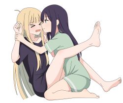  >_< 2girls absurdres ahoge barefoot black_hair black_shirt blonde_hair cho_kaguya-hime! closed_eyes closed_mouth commentary_request dan_yui green_eyes green_shirt green_shorts highres kaguya_(cho_kaguya-hime!) logo long_hair multiple_girls open_mouth pajamas sakayori_iroha shirt shorts simple_background white_background yuri 