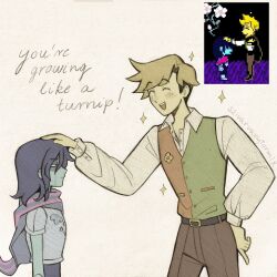  1boy 1other armor blonde_hair blush cape closed_eyes commentary deltarune derivative_work english_commentary flowery_(deltarune) highres kris_(dark_world)_(deltarune) kris_(deltarune) red_eyes screenshot_redraw shirt smile sparkle szivarvanyturmix02 undercut upper_body utdr_(toby_fox) vest white_shirt 