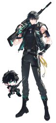  1boy absurdres armband black_hair black_pants black_shirt boots chibi chibi_inset combat_boots commentary cyberpunk dog_tags fingerless_gloves full_body futuristic_weapon gloves green_eyes gun highres holding holding_gun holding_weapon kiru_d_raw muscular narrow_waist original pants rifle shirt standing tachi-e weapon white_background 