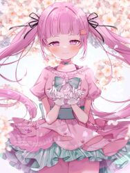 1girl black_ribbon blunt_bangs blush bow bowtie character_request choker closed_mouth commentary_request commission cowboy_shot dress dress_bow falling_petals floating_hair floral_background flower frilled_sleeves frills gloves green_bow green_bowtie hair_bow hair_intakes hair_ribbon hands_up highres indie_virtual_youtuber long_hair looking_at_viewer musical_note musical_note_print petals petticoat pink_bow pink_choker pink_dress pink_eyes pink_hair print_dress puffy_short_sleeves puffy_sleeves ribbon sheet_music short_sleeves sidelocks simple_background smile solo tsurime twintails very_long_hair virtual_youtuber watermark white_background white_flower white_gloves yutori_z71 