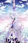  1boy absurdres ahoge blue_sky clouds cloudy_sky excalibur_(fate/stay_night) fate/grand_order fate_(series) field flower flower_field flower_knot full_body garden_of_avalon hair_between_eyes hair_ornament highres holding holding_sword holding_weapon hood hooded_robe long_hair long_sleeves looking_at_viewer male_focus merlin_(fate) misato_karuha petals ribbon robe sky smile solo sword very_long_hair violet_eyes weapon white_hair white_robe 