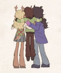  1other 2girls animal_ears antlers commentary deer_ears deer_girl deltarune english_commentary furry furry_female highres horns kris_(deltarune) long_hair multiple_girls noelle_holiday pants shirt shoes skirt susie_(deltarune) szivarvanyturmix02 tail utdr_(toby_fox) white_background 