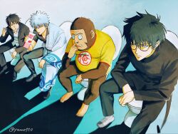 4boys black_boots black_hair black_pants black_shirt boots character_request commentary commentary_request gintama glasses gorilla grey_hair hadanugi_dousa highres holding japanese_clothes kimono long_sleeves messy_hair multiple_boys pants popped_collar red_eyes sakata_gintoki shirt short_hair short_sleeves sitting sorachi_hideaki_(character) strawberry_milk toilet white_kimono yamo510 yellow_shirt 