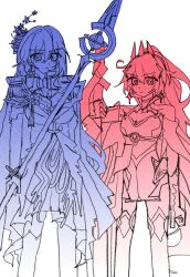  115date 2girls ahoge breasts closed_mouth commentary_request dress earrings flower gloves hair_between_eyes hair_ornament height_difference highres himeko_(honkai:_star_rail) himeko_(nova)_(honkai:_star_rail) holding holding_polearm holding_weapon honkai:_star_rail honkai_(series) honkai_impact_3rd jewelry kiana_kaslana kiana_kaslana_(herrscher_of_flamescion) layered_clothes long_hair multiple_girls partially_colored polearm single_earring standing thigh-highs v-shaped_eyebrows very_long_hair weapon white_background 