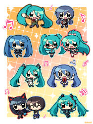  >_o 6+girls :d absurdres adjusting_eyewear animal_ears aqua_eyes aqua_hair aqua_outline arm_up beamed_eighth_notes beamed_sixteenth_notes black_cardigan black_eyes black_hair black_sailor_collar black_serafuku black_socks blazer blue_hair blue_neckerchief blue_necktie blue_outline blue_pantyhose blue_shirt blue_sweater blush_stickers border bow bowtie brown_eyes brown_jacket brown_outline brown_shoes cardigan cat_ears chibi chibi_only closed_eyes closed_mouth coat commentary diagonal-striped_clothes diagonal-striped_necktie dou_iu_koto_nano!?_(vocaloid) eighth_note electric_guitar elreah0 english_commentary envy_cat_walk_(vocaloid) flying_sweatdrops food-themed_hair_ornament full_body glasses gradient_background green_necktie green_skirt grey_skirt grid_background guitar hair_between_eyes hair_bow hair_ornament hair_tie half_note half_updo hand_up hands_in_pockets hands_on_headphones hatsune_miku hatsune_miku_(chat_noir) hatsune_miku_(deep_sky) hatsune_miku_(lab_girl) hatsune_miku_(ribbon_girl) hatsune_miku_(rolling_girl) hatsune_miku_(school_module) hatsune_miku_(silent_voice) headphones headphones_around_neck highres holding holding_microphone instrument jacket jitome kneehighs lab_coat layered_sleeves long_hair long_sleeves looking_at_viewer low_twintails microphone monochro_blue_sky_(vocaloid) multiple_girls multiple_persona musical_note narisumashi_genga_(vocaloid) neckerchief necktie one_eye_closed open_clothes open_coat open_jacket open_mouth orange_background outline outside_border panicking pantyhose pink_bow pink_cardigan pink_shoes playing_instrument pleated_skirt purple_skirt red-framed_eyewear red_bow red_bowtie red_eyes red_neckerchief red_necktie red_outline rolling_girl_(vocaloid) sailor_collar school_uniform semi-rimless_eyewear serafuku shirt shoes short_over_long_sleeves short_sleeves singing single_paw_glove skirt smile sneakers socks sparkle spring_onion_hair_ornament standing standing_on_one_leg strangers_(vocaloid) striped_clothes striped_necktie sweater thigh-highs trait_connection treble_clef twintails v-shaped_eyes very_long_hair walking wavy_mouth white_border white_coat white_jacket white_shirt white_shoes white_skirt white_socks white_thighhighs yellow_background yellow_eyes yubikiri_(vocaloid) 