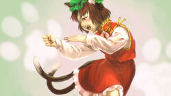  1girl animal_ears brown_eyes brown_hair cat_ears cat_girl cat_tail chen commentary_request fangs fingernails frilled_skirt frills green_background green_hat hat highres kawahagi_modoki long_fingernails long_sleeves mob_cap multiple_tails one-hour_drawing_challenge open_mouth red_skirt red_vest skirt solo tail touhou two_tails vest 