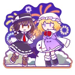  2girls :d :o adapted_costume black_hat black_shoes black_skirt blonde_hair boots bow brown_boots brown_eyes brown_hair chinese_commentary coat collared_shirt commentary deformed fireworks frilled_skirt frills gloves hair_bow hat hat_bow highres holding long_hair long_sleeves lysosomes_(lys9s9mes) maribel_hearn mob_cap multiple_girls necktie new_year open_mouth purple_coat red_gloves red_necktie ribbon-trimmed_skirt ribbon_trim scarf shirt shirt_tucked_in shoes skirt smile snowman socks sticker_(medium) touhou transparent_background usami_renko violet_eyes white_bow white_hat white_scarf white_shirt white_socks winter_clothes 
