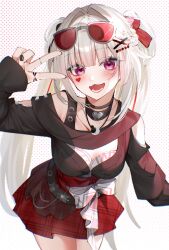  1girl arm_up bare_shoulders black_choker blunt_bangs braid breasts choker commentary_request cowboy_shot eyewear_on_head facial_mark hair_ornament heart heart_facial_mark highres honkai:_star_rail honkai_(series) jewelry long_hair looking_at_viewer medium_breasts miniskirt necklace official_alternate_costume official_alternate_hairstyle pink_eyes red_skirt ring sarasara_shoyu skirt sleeves_past_wrists smile solo sparkle_(honkai:_star_rail) sparxie_(candy-coated_waves)_(honkai:_star_rail) sparxie_(honkai:_star_rail) standing sunglasses twintails two_side_up v very_long_hair white_hair x_hair_ornament 