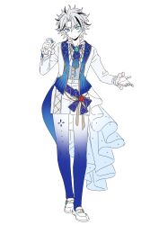  1boy absurdres alternate_costume black_streaks blue_bow blue_eyes blue_gem blue_leggings blue_necktie blue_sash bow closed_mouth curtained_hair dreonya ensemble_stars! frilled_sleeves frills full_body gem gloves gradient_legwear grey_hair grey_vest highres holding holding_gem jacket jewelry leggings long_sleeves looking_at_object male_focus multicolored_hair necklace necktie no_pupils parted_bangs pearl_necklace red_gem sash shirt shoes short_hair shorts simple_background solo spiky_hair split_mouth standing streaked_hair taki_ibuki v-shaped_eyebrows vest white_background white_gloves white_jacket white_leggings white_shirt white_shoes white_shorts 