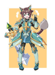  +++ 1girl :d absurdres animal_ears armin_(epic_seven) armor black_bodysuit blush bodysuit brown_hair cat_ears cat_girl cat_tail commentary_request ear_covers epic_seven faulds full_body gauntlets greaves green_armor green_eyes hair_between_eyes highres holding holding_sword holding_weapon jmsleo korean_commentary looking_at_viewer open_mouth short_hair sidelocks smile solo standing sword tail v weapon yellow_background 