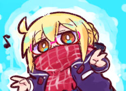  1girl :3 ahoge artoria_pendragon_(fate) blonde_hair blue_background braid brown_eyes chibi closed_mouth commentary_request eighth_note fate/grand_order fate_(series) glasses hair_bun jacket kasuga_yuuki lowres musical_note mysterious_heroine_x_alter_(fate) open_clothes open_jacket pink-framed_eyewear purple_jacket red_scarf scarf semi-rimless_eyewear solo under-rim_eyewear upper_body 