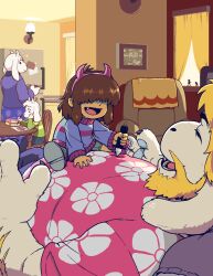  1girl 1other 2boys aged_down asgore_dreemurr asriel_dreemurr beard blonde_hair blue_sweater brown_hair deltarune english_commentary facial_hair fake_horns family fang furry furry_female furry_male hair_over_eyes hawaiian_shirt highres horns indoors kris_(deltarune) laughing medium_hair multiple_boys pink_shirt shirt sitting sitting_on_person smile striped_clothes striped_sweater sweater thescarletone toriel toy_knife utdr_(toby_fox) white_fur 