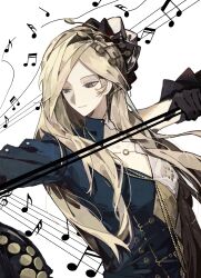  1girl 30000000000 absurdres beamed_eighth_notes beamed_sixteenth_notes black_dress black_gloves bow_(music) chinese_commentary closed_mouth commentary_request dress eighth_note evening_gown gloves grey_eyes grey_hair hair_ornament highres holding holding_bow_(music) instrument long_hair looking_to_the_side lorentz_butterfly mole mole_under_eye musical_note musical_note_background musical_staff official_alternate_costume quarter_note reverse:1999 sixteenth_note smile solo treble_clef upper_body white_background 