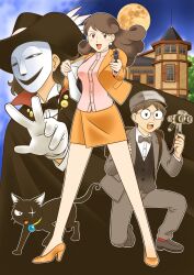  1girl 2boys aiming aiming_at_viewer animal animal_collar backpack bag black_cat black_cloak black_eyes black_hat black_shoes black_vest bow bowtie brown_bag brown_eyes brown_hair building cat character_request cloak collar collared_shirt commentary_request concealed_weapon copyright_request detective earrings finger_on_trigger full_moon glasses gloves grey_bow grey_bowtie grey_hat grey_jacket grey_pants gun handgun hat high_heels highres holding holding_gun holding_opera_glasses holding_weapon holster jacket jewelry long_hair mask medium_hair miniskirt moon multiple_boys newsboy_cap night niina_akihiko on_one_knee open_clothes open_jacket open_mouth opera_glasses orange_jacket orange_shoes orange_skirt pants pink_shirt red_socks round_eyewear scar scar_across_eye scar_on_face shirt shoes short_hair skirt socks suit suit_jacket teeth upper_teeth_only v-shaped_eyebrows vest w weapon white_gloves white_shirt 
