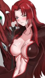 1girl blush breasts e.g.o_(project_moon) gebura_(project_moon) highres large_breasts library_of_ruina lobotomy_corporation long_hair mimicry_(e.g.o) project_moon red_hair scar scar_on_face simple_background solo steam steaming_body sweat sweatdrop 