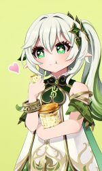  1girl :t bare_shoulders bracelet candied_ajilenakh_nut_(genshin_impact) closed_mouth commentary cross-shaped_pupils detached_sleeves dress eating food genshin_impact gold_trim green_background green_eyes green_hair green_sleeves hair_between_eyes hair_ornament hand_up heart highres holding holding_food jewelry long_hair multicolored_hair nahida_(genshin_impact) pointy_ears shaku_(syak_18) side_ponytail simple_background sleeveless sleeveless_dress solo symbol-shaped_pupils upper_body white_dress white_hair 