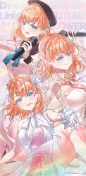  1girl absurdres aqua_eyes armpit_crease aurora_flower_(love_live!) bare_shoulders blue_ribbon breasts closed_mouth commentary cross-laced_clothes cross-laced_top dream_believers dress english_commentary frilled_gloves frills gloves hair_ornament hairband highres hinoshita_kaho holding holding_microphone kuzia_(atarayo) link_to_the_future_(love_live!) long_sleeves looking_at_viewer love_live! love_live!_hasu_no_sora_jogakuin_school_idol_club medium_breasts medium_hair microphone multiple_views neck_ribbon open_mouth orange_hair pink_dress pink_hairband pink_ribbon rabbit_hair_ornament ribbon shirt signature sleeveless sleeveless_dress sleeveless_shirt smile song_name twitter_username two_side_up virtual_youtuber watermark white_gloves white_shirt 