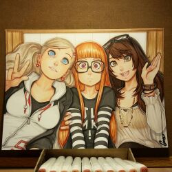  3girls art_tools_in_frame artist_name biting_own_lip black_jacket blonde_hair blue_eyes blunt_bangs bracelet breasts brown_hair closed_mouth earrings hand_up hood hoodie indoors jacket jewelry kujikawa_rise leaning_on_person long_hair looking_at_viewer medium_breasts multiple_girls necklace omar_dogan open_mouth orange_hair persona persona_4 persona_4_the_golden persona_5 photo_(medium) sakura_futaba school_uniform see-through_clothes shirt shuujin_academy_school_uniform signature smile striped_clothes t-shirt tail_around_another's_arm takamaki_ann traditional_media twintails upper_body violet_eyes white_hoodie yellow_eyes 