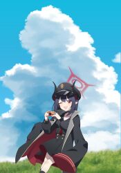  1girl :d ;d absurdres black_choker black_dress black_hat black_jacket black_socks blue_archive blue_sky camera chiaki_(blue_archive) choker clouds commentary_request day demon_horns dress feet_out_of_frame grass halo hat highres holding holding_camera horns jacket jacket_on_shoulders long_sleeves looking_at_viewer necktie one_eye_closed outdoors peaked_cap pointy_ears puffy_long_sleeves puffy_sleeves purple_hair red_eyes red_necktie sky smile socks solo sprout_(haji_s) 