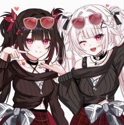  2girls :d ;d arm_up b21938gang black_choker black_hair blunt_bangs blush braid breasts butterfly-shaped_pupils choker closed_mouth commentary_request eyewear_on_head facial_mark hair_ornament heart heart_facial_mark highres honkai:_star_rail honkai_(series) index_finger_raised jewelry long_hair looking_at_viewer medium_breasts multiple_girls navel necklace official_alternate_costume official_alternate_hairstyle one_eye_closed pink_eyes sidelocks simple_background single_bare_shoulder smile sparkle_(honkai:_star_rail) sparxie_(candy-coated_waves)_(honkai:_star_rail) sparxie_(honkai:_star_rail) sunglasses symbol-shaped_pupils twitter_username very_long_hair white_background white_hair x_hair_ornament 