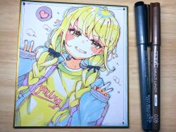  1girl absurdres blonde_hair blue_jacket blush_stickers braid brown_eyes commentary_request double_w fujita_kotone gakuen_idolmaster grin hair_over_shoulder heart highres idolmaster jacket long_hair long_sleeves looking_at_viewer low_twintails open_clothes open_jacket photo_(medium) puffy_long_sleeves puffy_sleeves shikishi shirt sleeves_past_wrists smile solo spoken_heart sweat te_toga traditional_media twin_braids twintails w yellow_shirt 