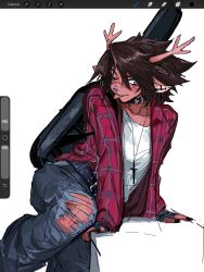  1girl alt_text animal_ear_piercing animal_ears antlers art_program_in_frame belt black_nails brown_eyes choker collarbone commentary december_holiday deer_antlers deer_ears deer_girl deltarune denim design_speculation english_commentary flannel furry furry_female grunge_(fashion) guitar_case highres horns instrument_case jeans jewelry leaning_on_object looking_at_viewer necklace one_eye_closed pants plaid_clothes plaid_shirt reindeer_girl shirt solo sword_necklace tongue tongue_out torn_clothes torn_jeans torn_pants trou_noir utdr_(toby_fox) white_freckles white_shirt 