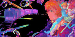  1girl aiguillette badge belt black_background blonde_hair blossom_bright_(dagger) boots bow bowtie brown_boots bubble closed_mouth clouds commentary_request crying crying_with_eyes_open dagger daiba_nana expressionless floating floating_object floating_weapon from_side fur-trimmed_jacket fur_trim gold_belt gold_trim green_eyes green_jacket green_ribbon green_skirt hair_between_eyes hair_ribbon highres holding holding_sword holding_weapon jacket jacket_on_shoulders katana knife leg_up legs_folded long_sleeves looking_ahead love_judgement_(mace) mace multicolored_jacket open_clothes open_jacket pleated_skirt profile projected_inset railroad_tracks red_jacket red_sash ribbon rinmaker sad sash school_uniform seisho_music_academy_school_uniform shoes short_hair shoujo_kageki_revue_starlight shoulder_sash single_horizontal_stripe skirt sparkle star_(symbol) striped_clothes striped_skirt sword tassel tears train two-tone_jacket two_side_up weapon weapon_formation white_jacket wide_shot 