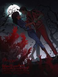  1boy 1girl absurdres bare_tree bird black_hair commentary_request dark-skinned_female dark-skinned_male dark_skin extra_arms highres holding_hands iamspidermam jacket korean_commentary long_hair michael_jackson moon ola_ray pants real_life red_jacket red_pants thriller_(michael_jackson) tree 