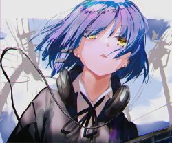  1girl black_jacket black_ribbon blue_hair blue_sky bocchi_the_rock! clouds collared_shirt commentary day earrings floating_hair fuuka_koji hair_between_eyes hair_ornament hairclip headphones headphones_around_neck highres jacket jewelry looking_at_viewer medium_hair neck_ribbon open_mouth outdoors parallel_hairclips ribbon shirt sky solo stud_earrings upper_body utility_pole white_shirt yamada_ryo yellow_eyes 