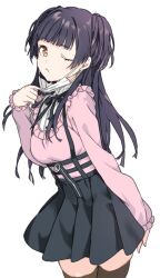  1girl black_hair black_ribbon black_skirt blunt_bangs breasts brown_eyes brown_thighhighs closed_mouth commentary_request cowboy_shot dot_nose haimura_kiyotaka hand_up highres idolmaster idolmaster_shiny_colors jirai_kei long_hair long_sleeves looking_at_viewer mask mask_pull mayuzumi_fuyuko medium_breasts mouth_mask neck_ribbon one_eye_closed pink_shirt pleated_skirt ribbon shirt simple_background skirt solo standing surgical_mask thigh-highs two_side_up unamused white_background zettai_ryouiki zipper zipper_pull_tab 