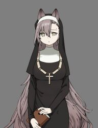  1girl animal_ears arknights black_dress black_nails breasts brown_eyes brown_hair closed_mouth commentary_request cross dress ears_through_headwear grey_background hair_between_eyes highres latin_cross long_hair long_sleeves looking_at_viewer medium_breasts mole mole_above_eye nail_polish nun nun_headdress penance_(arknights) revision simple_background sleeves_past_wrists solo traditional_nun veil very_long_hair wqn0930 