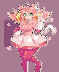  1girl absurdres ahoge animal_ear_fluff animal_ears ankle_boots apron bell bell_ear_ornament bell_earrings boots cat cat_ears cat_girl cat_tail deltarune dot_nose dress earrings epicztick floating_clothes frilled_dress frilled_skirt frills gloves green_eyes hair_bell hair_between_eyes hair_ornament hand_up heart heart_locket highres jewelry long_hair looking_at_viewer mad_mew_mew magical_girl open_hand open_mouth pink_dress pink_hair puffy_short_sleeves puffy_sleeves shadow short_sleeves signature skirt smile solo solo_focus spandex standing standing_on_one_leg tail tutu twitter_username undertale utdr_(toby_fox) v white_apron white_gloves 