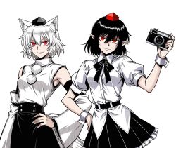  2girls animal_ear_fluff animal_ears black_bow black_bowtie black_hair black_hat black_skirt bow bowtie breasts camera closed_mouth commentary_request commission detached_sleeves grey_hair hand_on_own_hip hat highres holding holding_camera inubashiri_momiji looking_at_viewer missing_wings multiple_girls puffy_short_sleeves puffy_sleeves red_eyes red_hat ribbon-trimmed_sleeves ribbon_trim ryoan_(voyagehermitage) shameimaru_aya shirt short_hair short_sleeves simple_background skirt sleeveless sleeveless_shirt small_breasts smile tail tokin_hat touhou white_background white_shirt wide_sleeves wolf_ears wolf_girl wolf_tail 