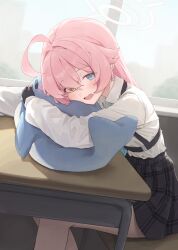  1girl absurdres ahoge aqua_necktie arm_on_table black_gloves blue_archive blue_eyes blush chair classroom collared_shirt commentary_request desk fingerless_gloves from_side gloves hair_between_eyes halo heterochromia highres hoshino_(blue_archive) hugging_doll hugging_object korean_commentary long_hair long_sleeves looking_at_viewer necktie open_mouth pink_hair pink_halo pleated_skirt school_chair school_desk shirt skirt solo springrain_06 stuffed_whale white_shirt yellow_eyes 