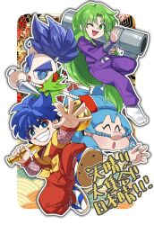  1girl 3boys :d :o ;d ^_^ asebizkzk25 blue_hair clenched_teeth closed_eyes commentary_request ebisumaru ganbare_goemon geta goemon highres holding holding_weapon japanese_clothes konami kunai large_nose looking_at_viewer multiple_boys ninja no_nose one_eye_closed open_hand open_mouth over_shoulder sandals sasuke_(ganbare_goemon) smile teeth thick_eyebrows weapon weapon_over_shoulder yae_(ganbare_goemon) yae_bazooka 