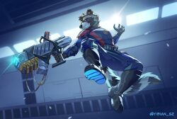  1boy animal_ears artist_name claws commentary english_commentary fangs furry furry_male grin guardians_of_the_galaxy guardians_of_the_galaxy_vol._3 gun highres holding holding_gun holding_weapon looking_at_viewer male_focus marvel movie_reference raccoon_boy raccoon_ears raccoon_tail red_eyes rocket_raccoon scene_reference smile tail twitter_username weapon whiskers yibian_sz 