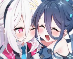  2girls :d ^_^ absurdres aris_(armed)_(blue_archive) aris_(blue_archive) bare_shoulders black_hair black_hairband blue_archive blue_necktie blush close-up closed_eyes closed_mouth collared_shirt hair_between_eyes hairband happy highres hug jacket kei_(blue_archive) kei_(student)_(blue_archive) koroyarou long_bangs long_hair long_hair_between_eyes looking_at_another multiple_girls necktie notice_lines one_eye_closed one_side_up open_mouth pink_eyes portrait puff_of_air red_eyes ringed_eyes shirt sidelocks simple_background smile sparkle teeth upper_teeth_only very_long_hair white_background white_hair white_shirt 