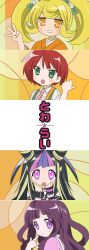  4girls :3 black_hair blonde_hair blue_hair blue_streaks blush bow collared_shirt commentary_request danganronpa_(series) danganronpa_2:_goodbye_despair elbow_gloves face_piercing fang finger_to_cheek gloves green_bow green_eyes grin hair_bow hair_horns highres koizumi_mahiru long_hair lucky_star mioda_ibuki mouth_piercing multicolored_gloves multicolored_hair multiple_girls necktie orange_eyes parody piercing pink_eyes pink_hair pink_streaks plaid_clothes plaid_necktie pointing_with_thumb purple_hair red_hair red_necktie saionji_hiyoko scrunchie shinshishinc shirt short_sleeves single_glove smile star_(symbol) streaked_hair striped_clothes striped_gloves style_parody teeth translation_request tsumiki_mikan twintails two-tone_gloves violet_eyes w white_hair white_shirt wrist_scrunchie 