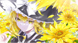  1girl black_hat black_shirt blonde_hair bow braid closed_mouth collared_shirt commentary_request flower hat hat_bow highres holding holding_petal kirisame_marisa long_hair petals portrait shirt side_braid single_braid smile solo sunflower touhou watermark white_bow witch_hat yamuyamu yellow_eyes yellow_flower 
