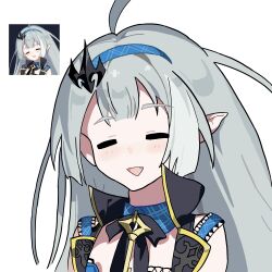  1girl :d =_= absurdres ahoge black_ribbon blue_hairband blunt_sidelocks center-flap_bangs closed_eyes commentary_request derivative_work facing_viewer fang female_tyrant_(stella_sora) game_screenshot_inset grey_hair hairband highres key lapels light_blush long_hair neck_ribbon notched_lapels open_mouth partial_commentary plaid_clothes plaid_hairband pointy_ears popped_collar portrait reference_inset ribbon screenshot_inset screenshot_redraw sidelocks simple_background sleeveless smile solo stella_sora sumibi_yaki1728 triangle_mouth tyrant_(stella_sora) white_background 