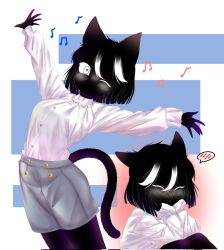  1girl animal_ears blush body_fur cat_ears cat_girl cat_tail commentary english_commentary furry furry_female hair_between_eyes highres kamoku_dakedo_mechakucha_nori_no_ii_kuroneko-chan kuroi_kuroneko_(katsumata_hiroki) long_sleeves multicolored_hair musical_note naimeow no_mouth one_eye_closed shirt shorts spoken_blush tail two-tone_hair 