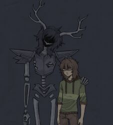  1girl 1other antlers armor black_hair brown_hair cowboy_shot december_holiday deltarune highres hood hoodie horns kris_(deltarune) roaring_knight skeleton smile szivarvanyturmix02 utdr_(toby_fox) 